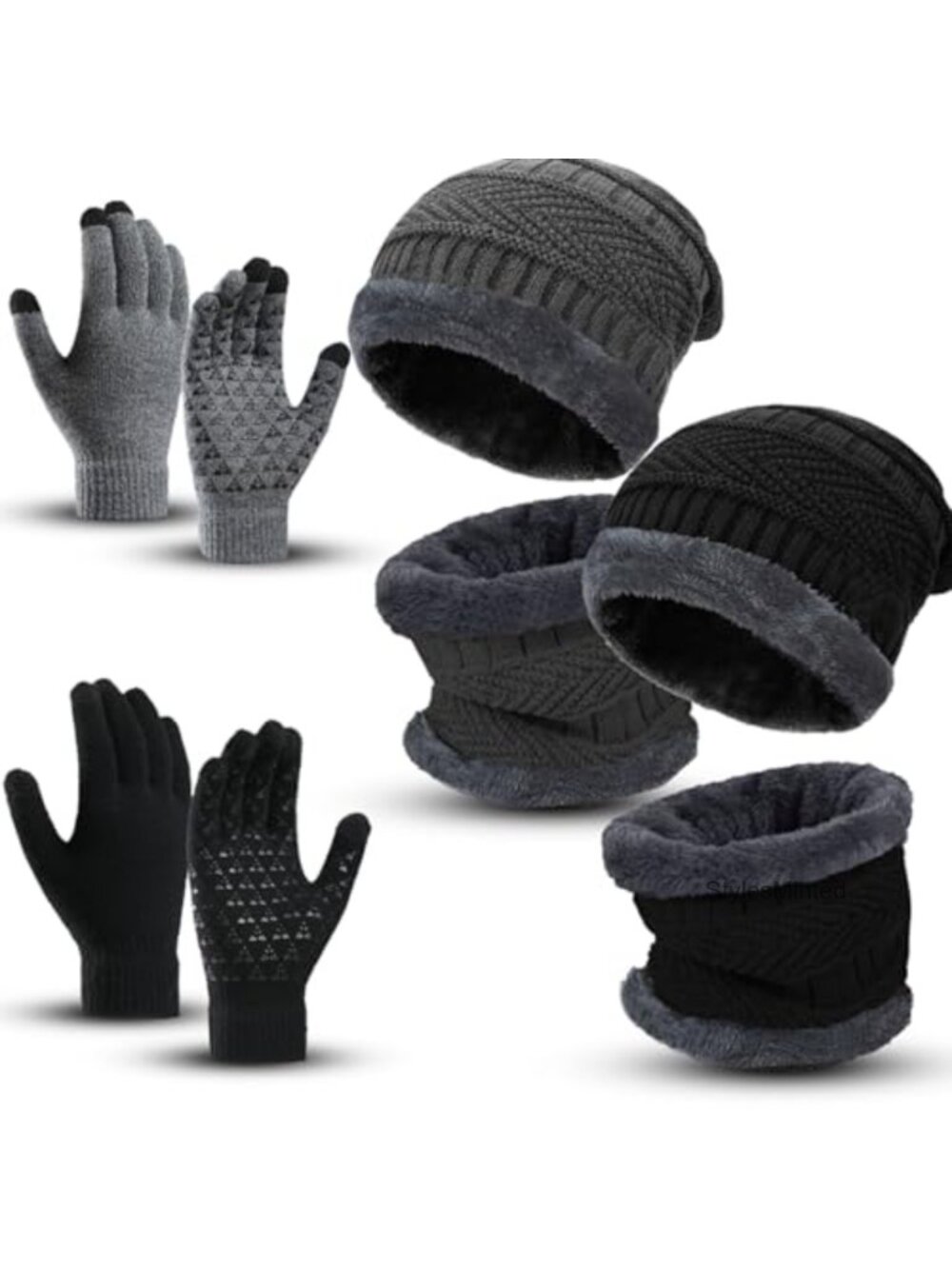 6 Piece Winter Beanie Hat Scarf Gloves Set Fleece Lined Touchscreen Unisex